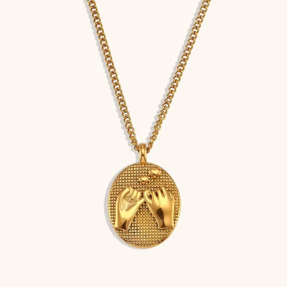 Pinky Promise Oval Pendant Necklace Friendship Gift For Her 18K Gold Plated - Picture 1 of 13